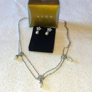 Avon Rhinestone Faux Pearl Necklace and Earrings